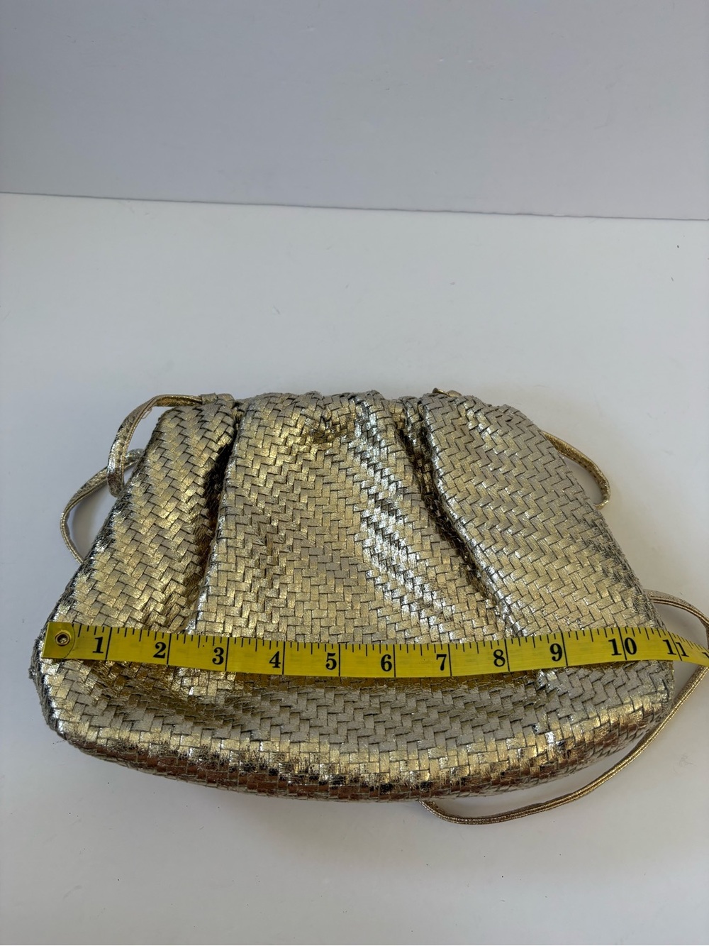 Anthropologie Frankie Clutch Bag Gold Preppy Party Guest Woven Slouchy Dumpling - Picture 9 of 11